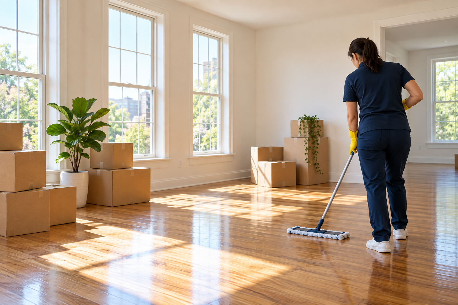 Person in navy clothing mopping a sunlit room with moving boxes