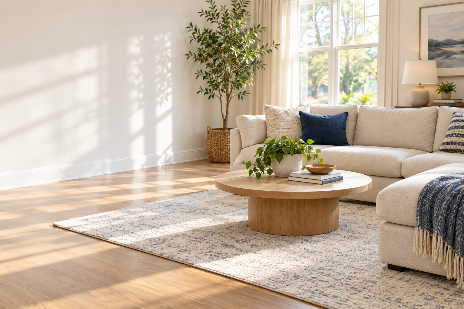 Bright living room with a light sofa, round wood coffee table, navy pillow and a tall plant