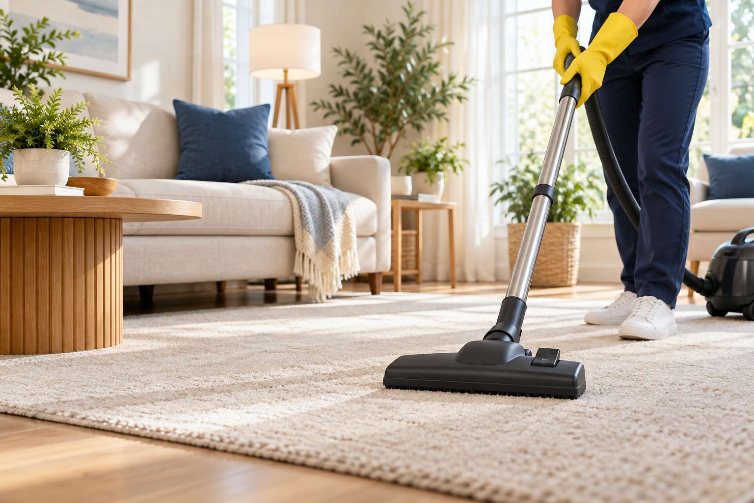 Vacuum cleaning a beige rug in a living room