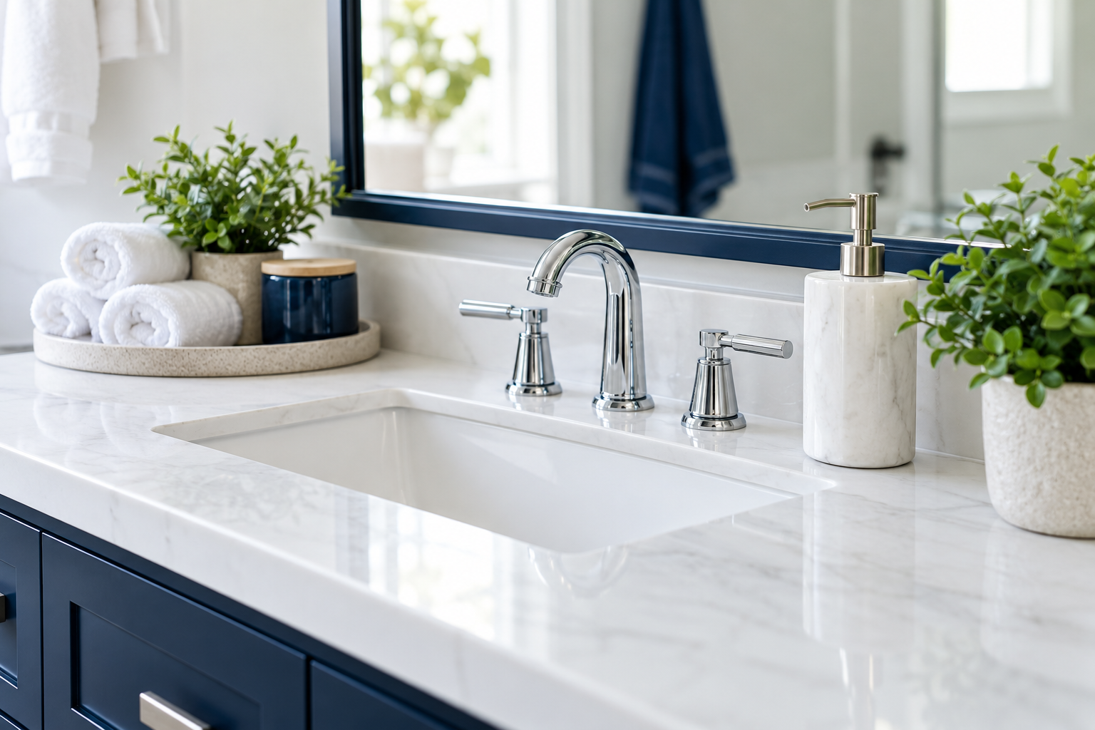 Chrome bathroom faucet with rolled white towels and a soap dispenser