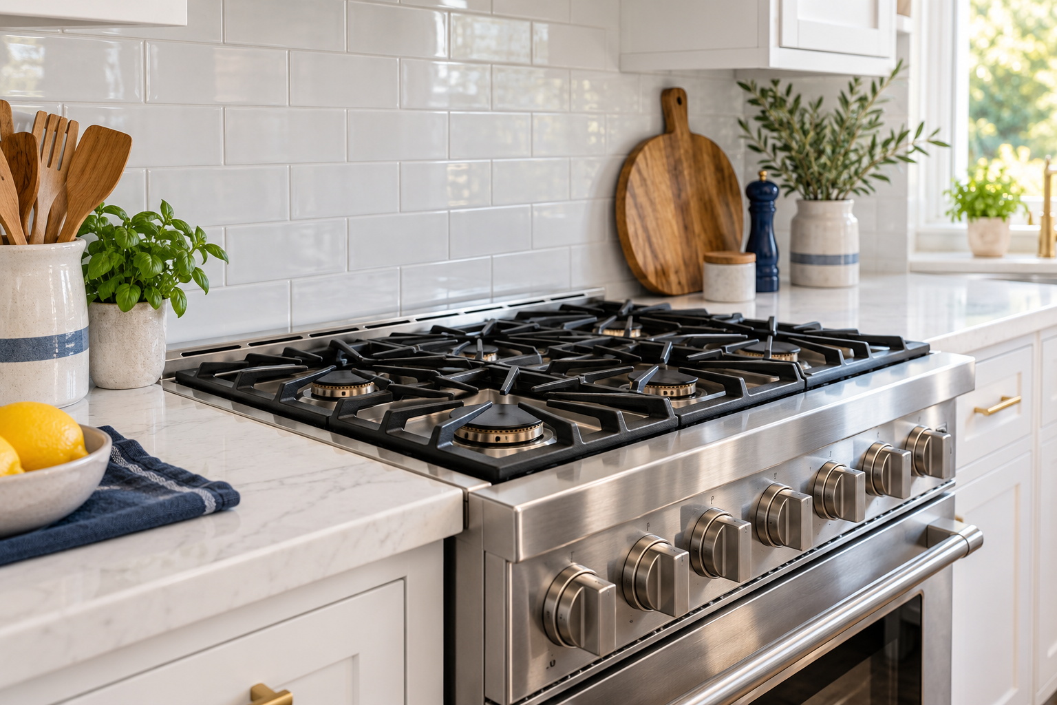 Gas range with black grates on a white kitchen counter