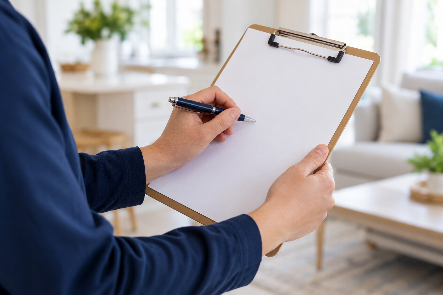 Hands holding a clipboard with a blank page
