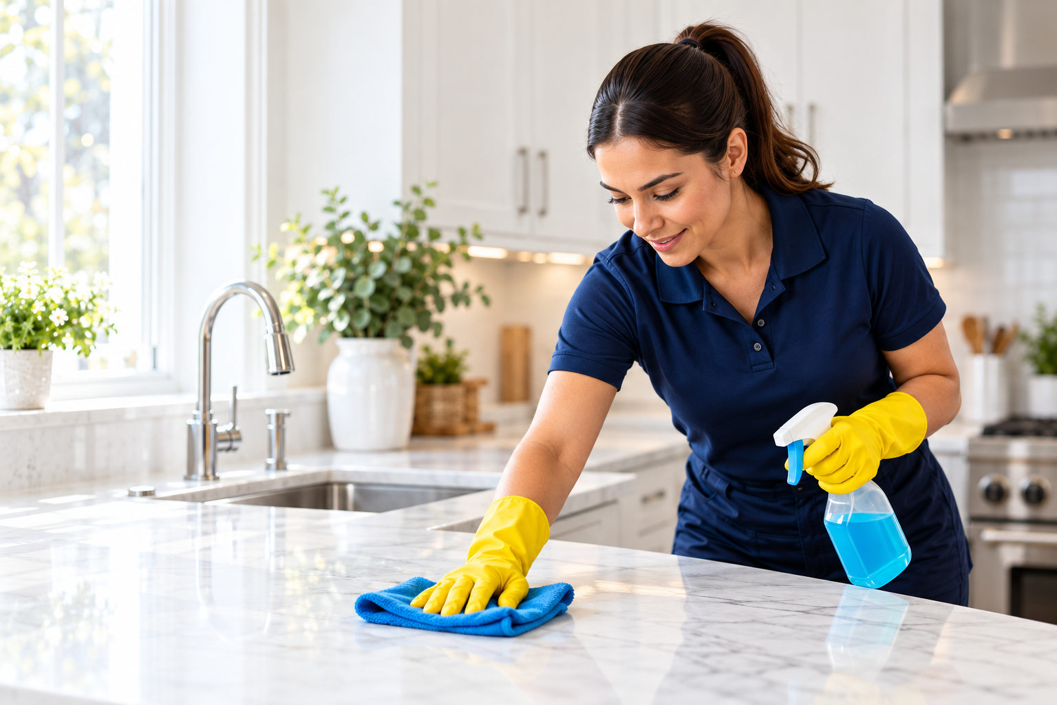 Person in yellow gloves wiping a white marble kitchen counter