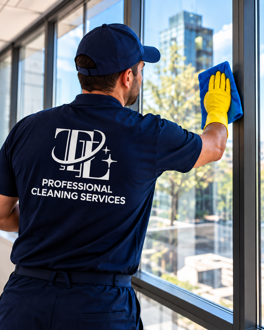 Window cleaner in a navy uniform wiping a tall office window