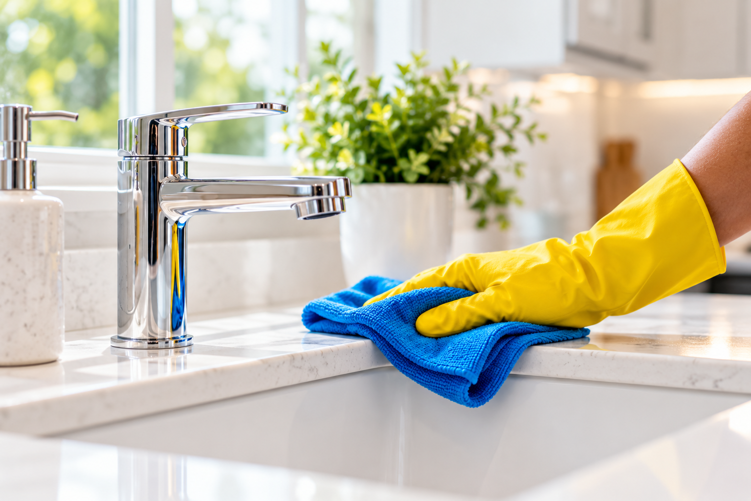 Gloved hand wiping a white kitchen sink beside a chrome faucet