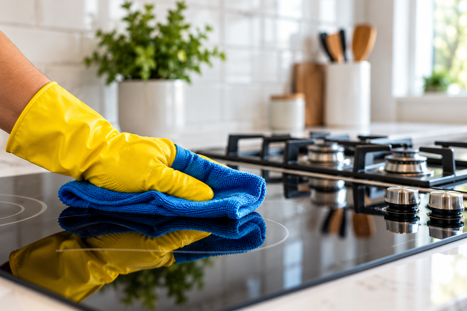 Gloved hand wiping a glossy black cooktop with a blue cloth
