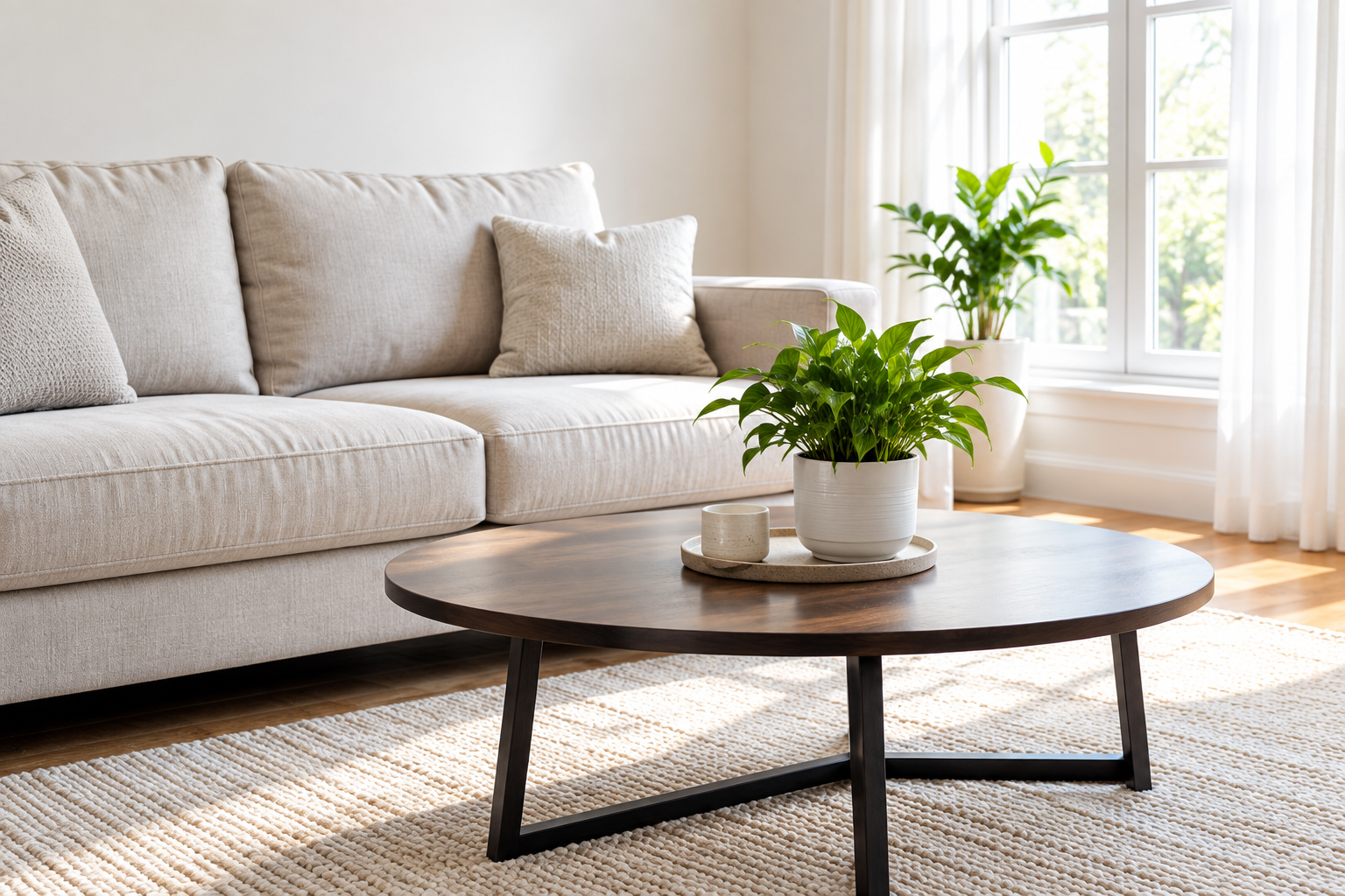 Bright living room with a tidy sofa, round coffee table and plant
