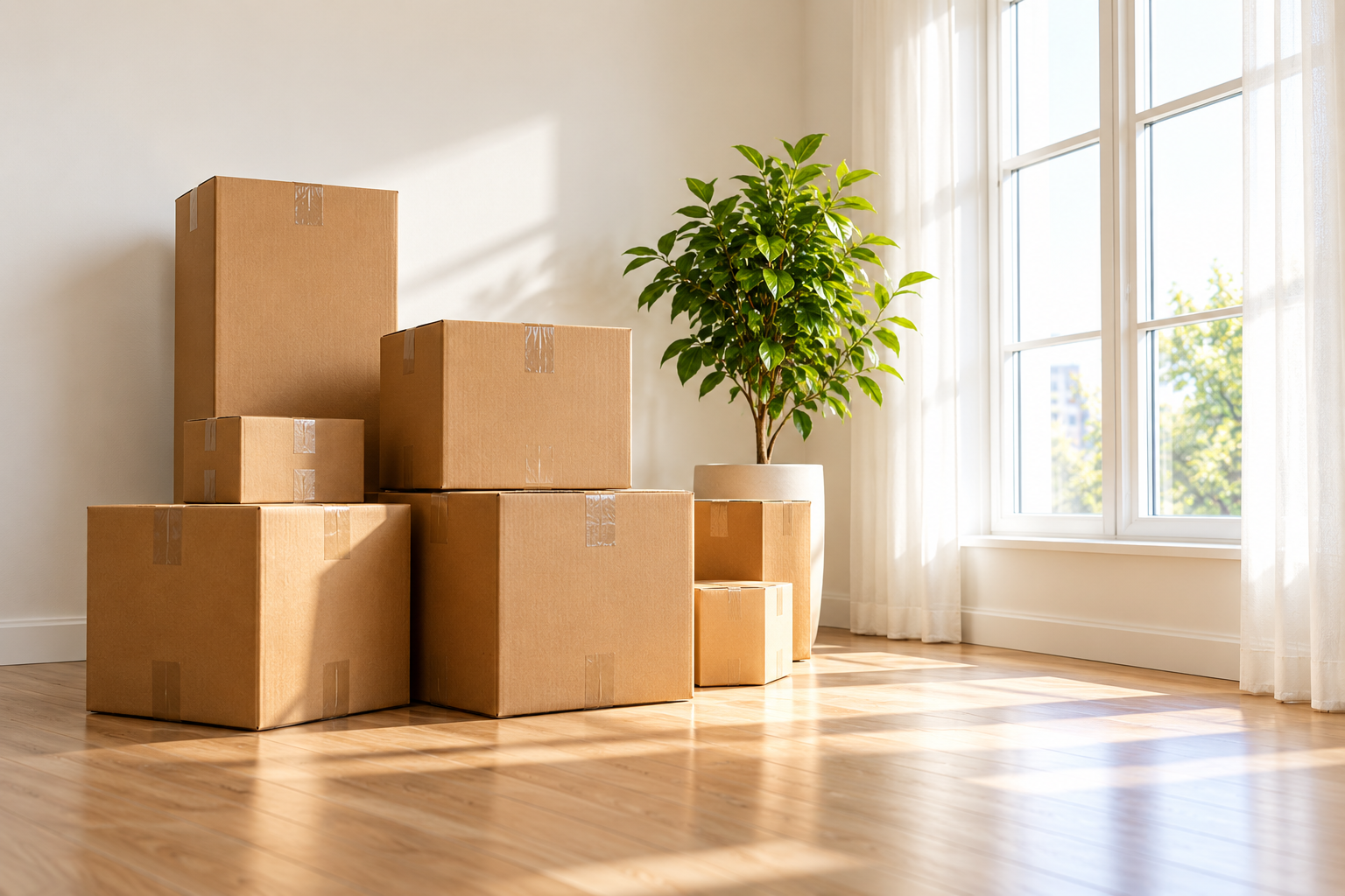 Moving boxes stacked in an empty, sunlit room