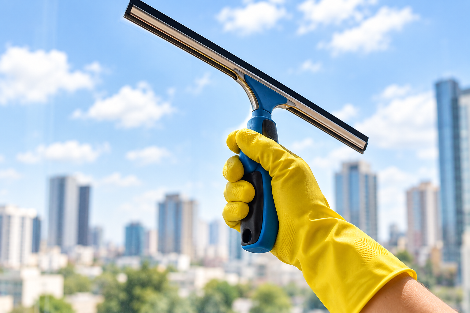 Gloved hand holding a window squeegee against a city skyline