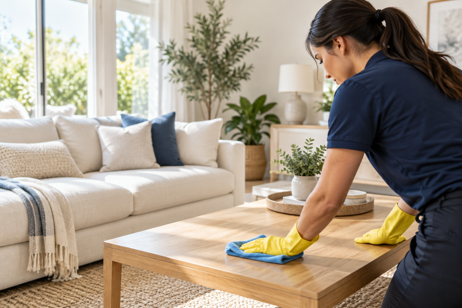 Person in navy clothing and yellow gloves wiping a wood coffee table with a blue cloth