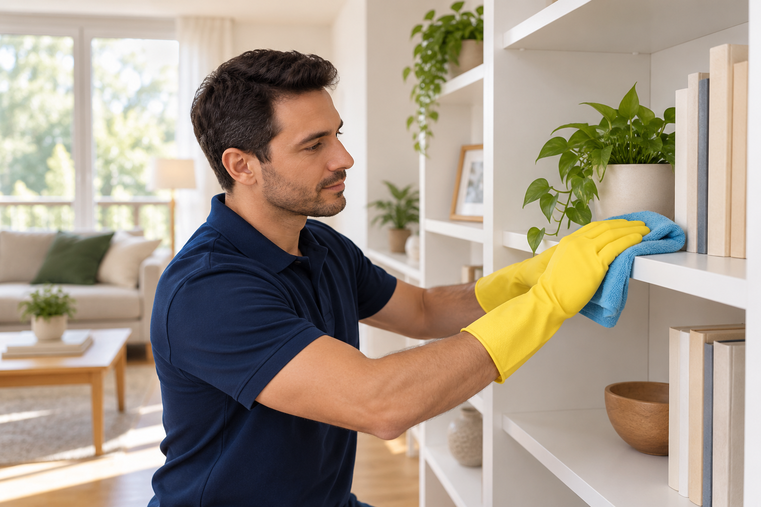 Person in navy clothing and yellow gloves wiping a white bookshelf with a blue cloth