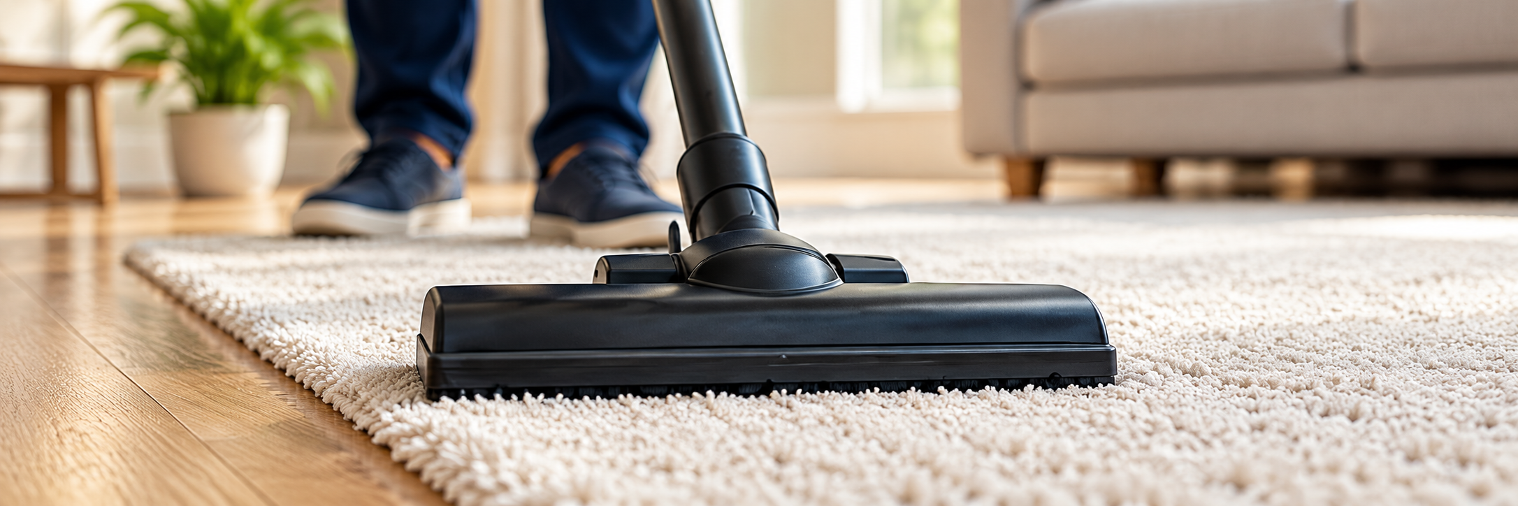 Vacuum head on the edge of a light rug beside a wood floor