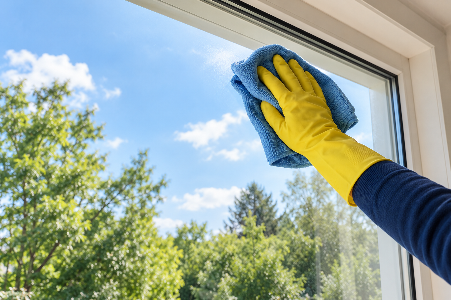 Yellow glove pressing a blue cloth against window glass