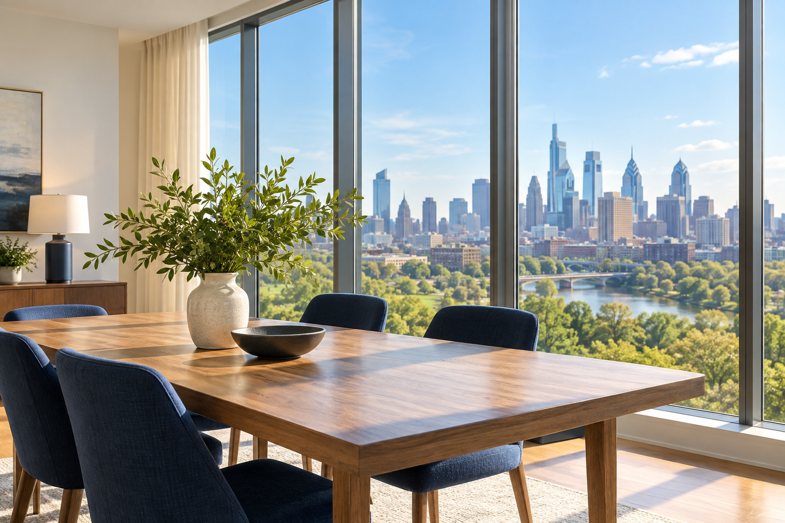 Leafy plant in front of tall windows looking out on a city