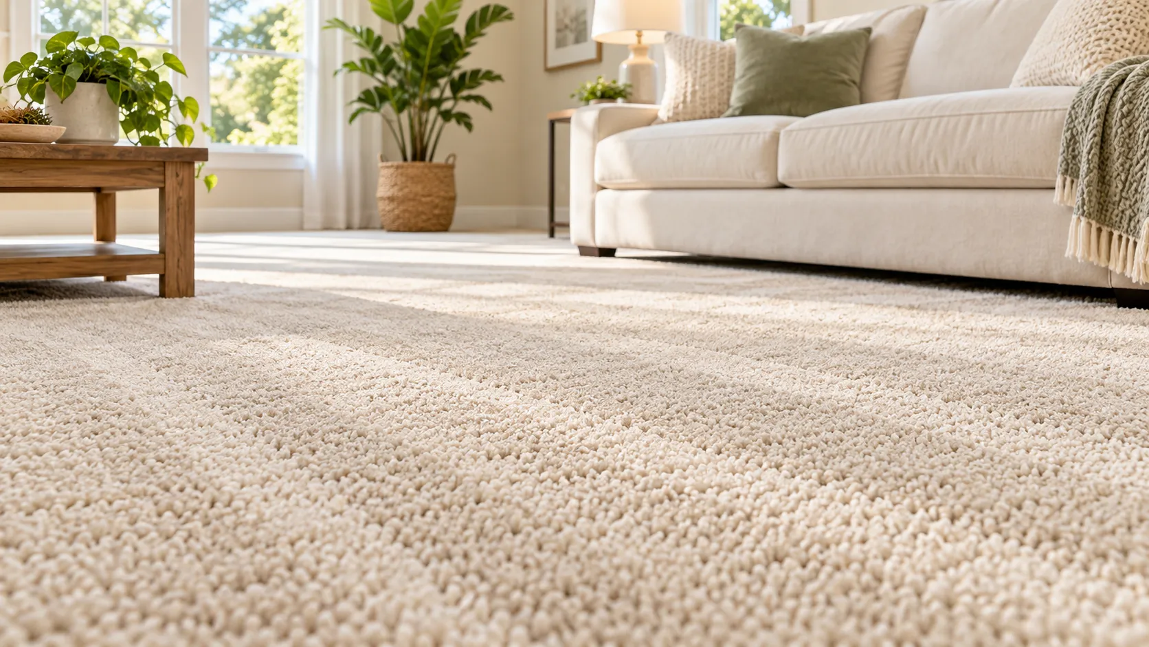 Clean beige carpet in a bright living room with a cream sofa.