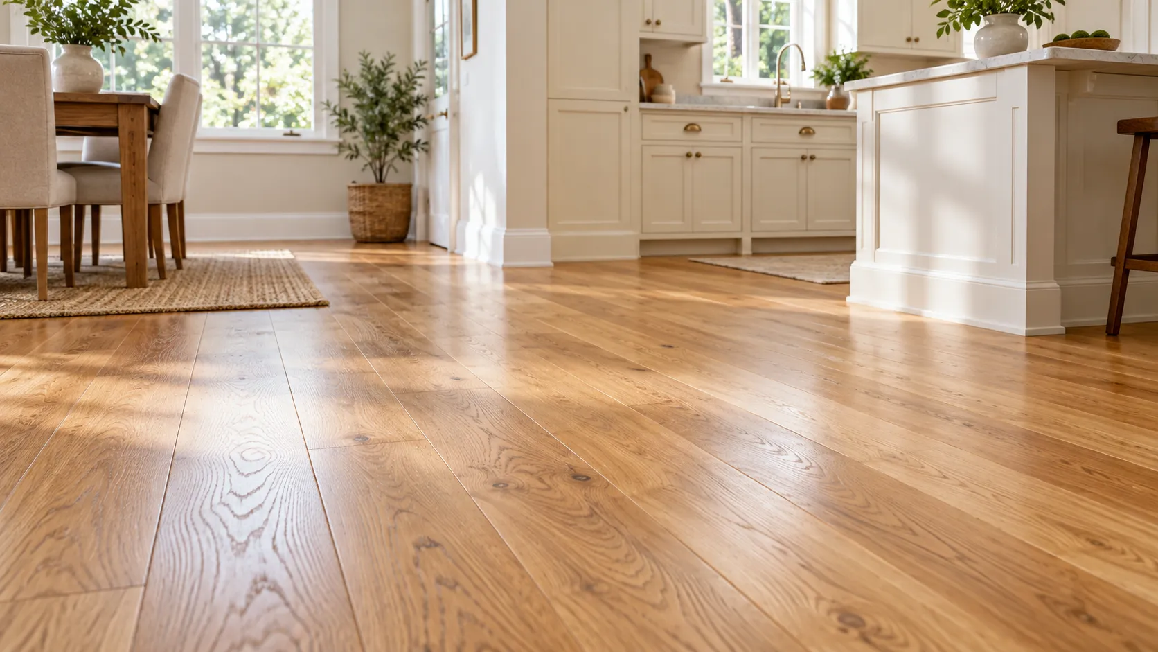 Clean wood floor in a bright kitchen and dining area.