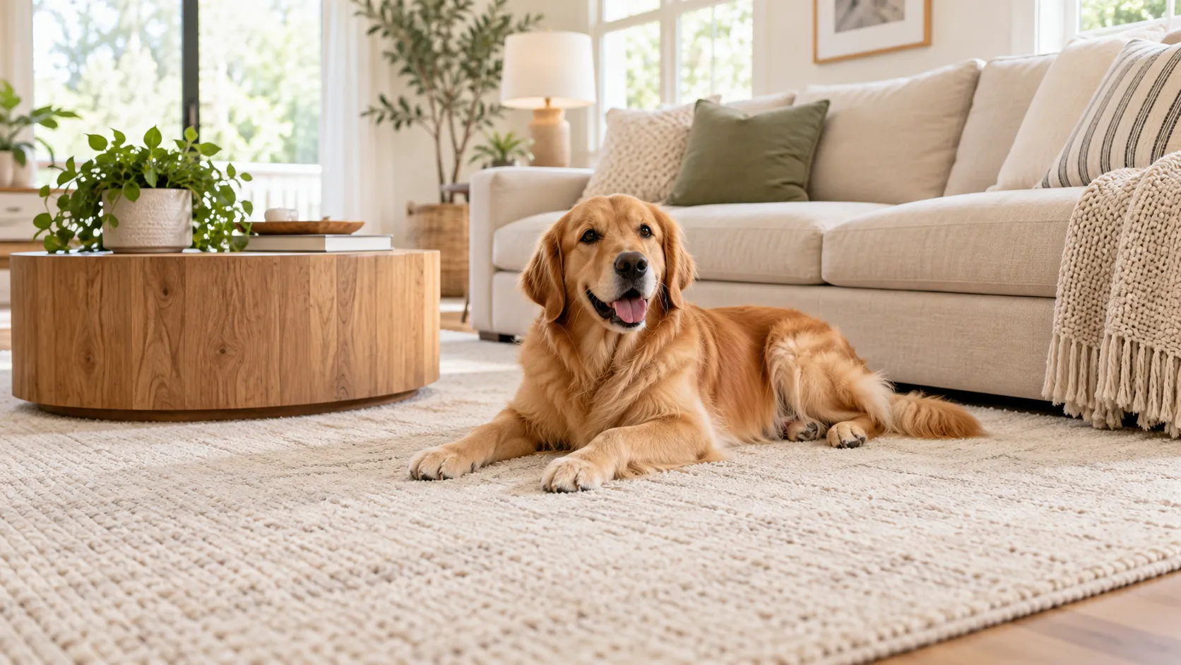 Golden retriever resting on a beige rug beside a cream sofa.